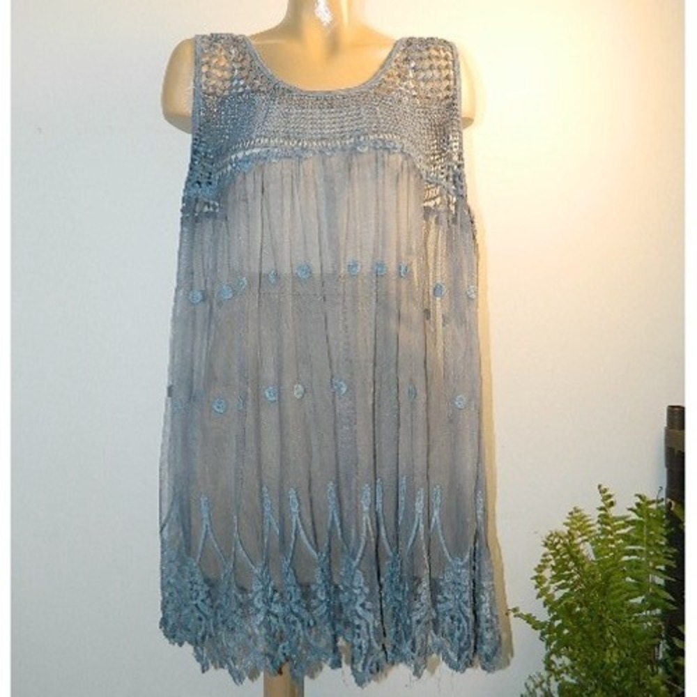 Jessica Taylor NYC Crochet Mesh Tunic Women 3X Blue Lace Boho Sleeveless Top